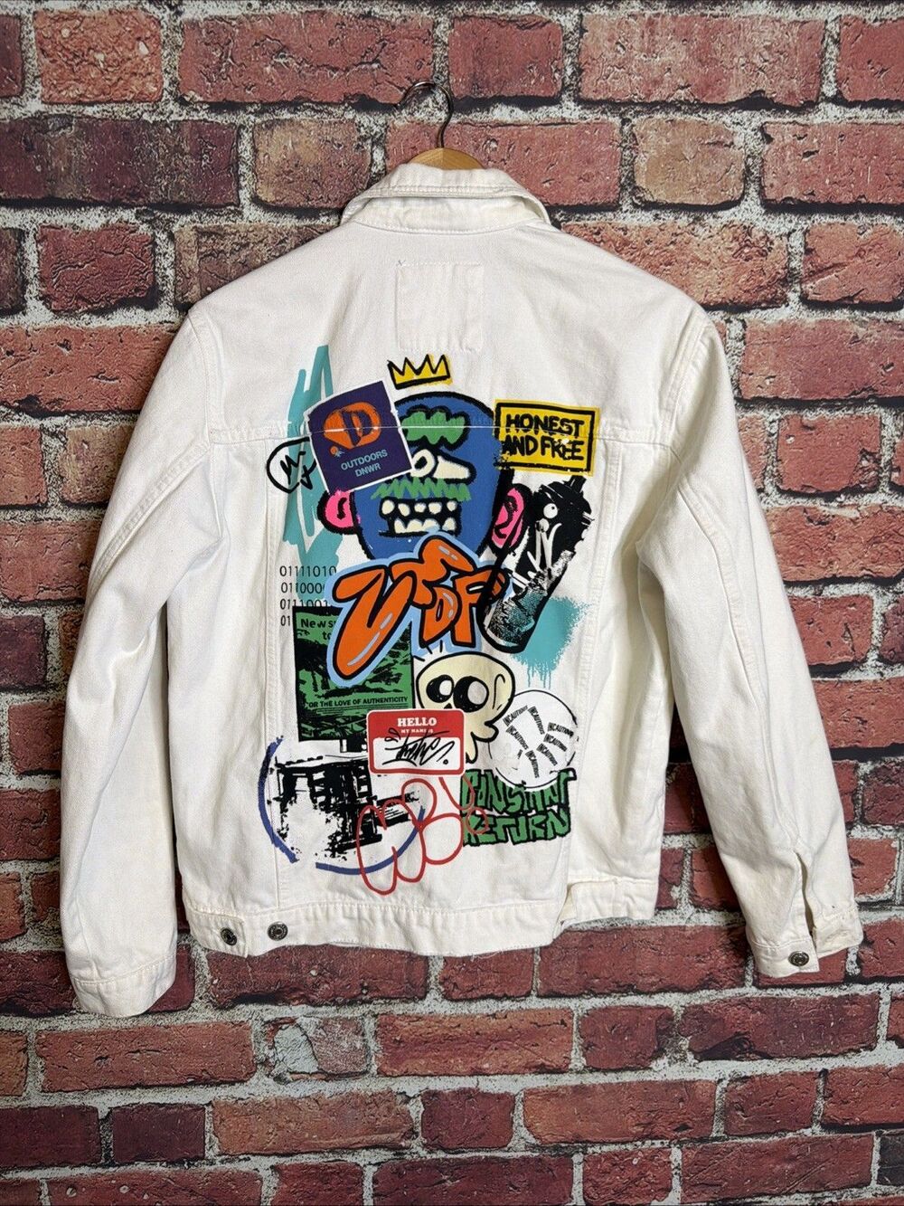 Zara White Denim Jacket Distressed Graffiti Print Sz Medium 80s 90s Streetwear